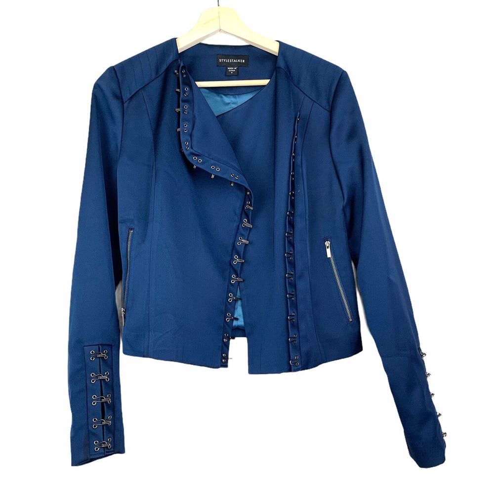 StyleStalker Womens Blue Moto Jacket Metal Hooks And Zip Pockets Lined Size S